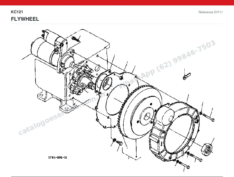 Catálogo de peças Kubota KC121: vista explodida — motor: bloco, cabeçote, pistões e virabrequim