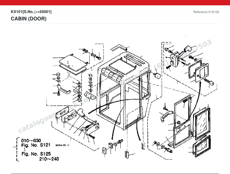 Catálogo de peças Kubota KX101: vista explodida — cabine, capota e assento