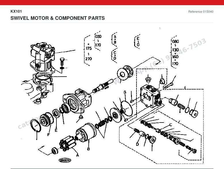 Catálogo de peças Kubota KX101: vista explodida — giro: motor e rolamento de giro