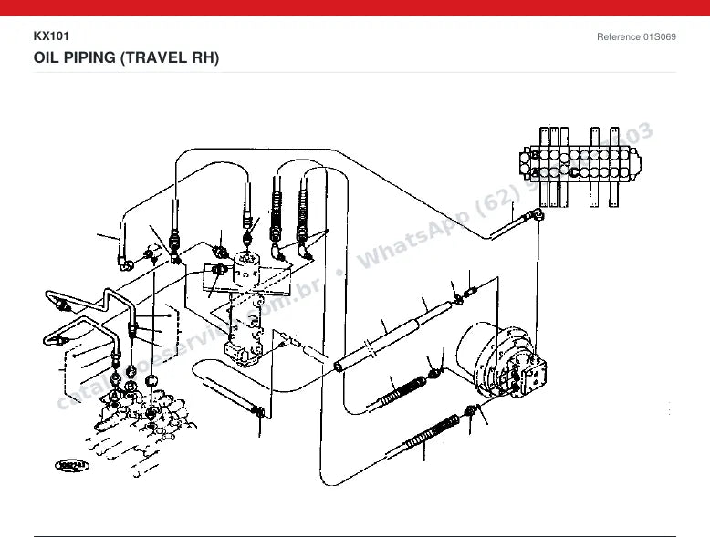 Catálogo de peças Kubota KX101: vista explodida — tubulações hidráulicas e tanque de óleo