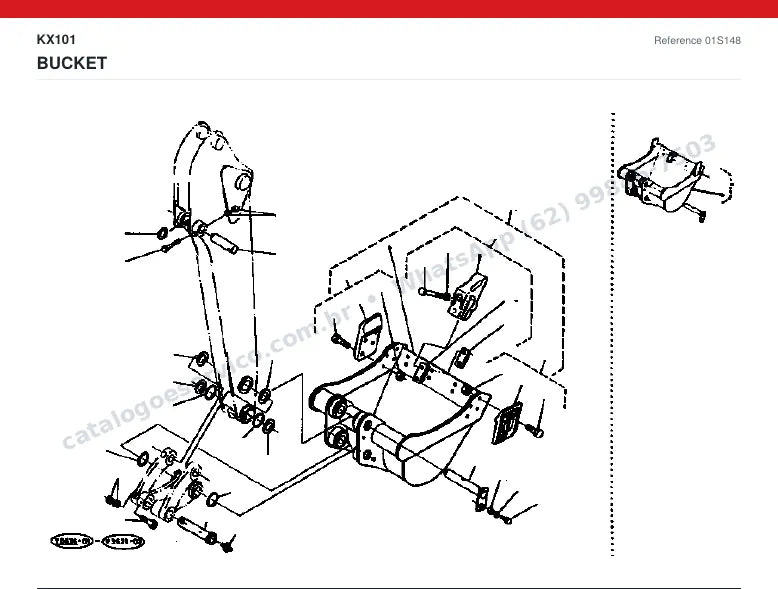 Catálogo de peças Kubota KX101: vista explodida — lança, braço, caçamba e lâmina