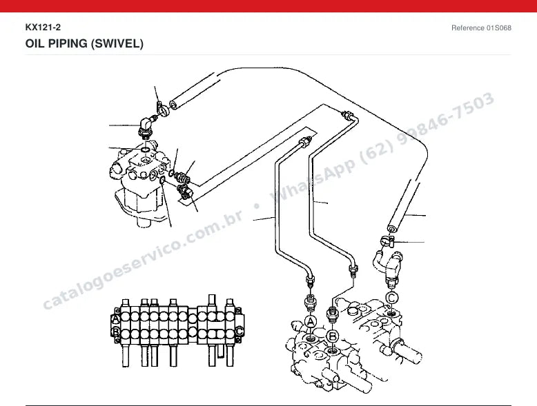 Catálogo de peças Kubota KX121-2: vista explodida — tubulações hidráulicas e tanque de óleo (2)