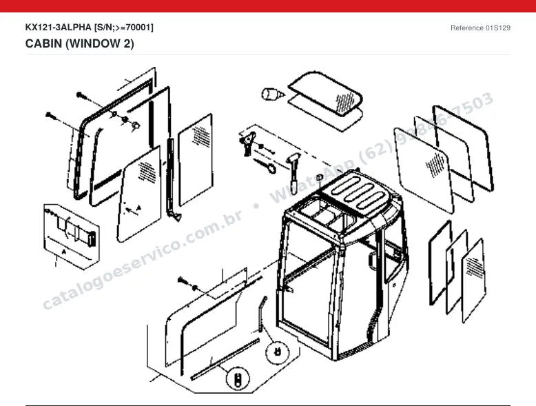Catálogo de peças Kubota KX121-3 Alpha: vista explodida — cabine, capota e assento