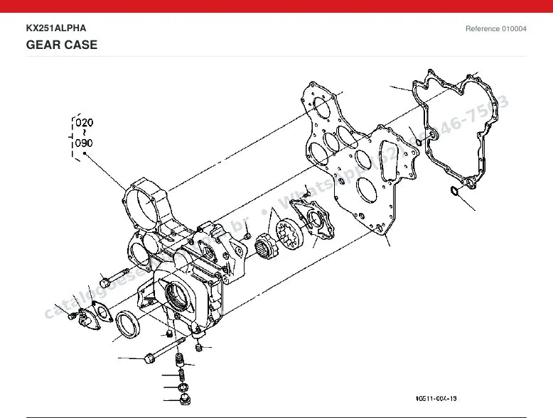 Catálogo de peças Kubota KX251 Alpha: vista explodida — motor: bloco, cabeçote, pistões e virabrequim