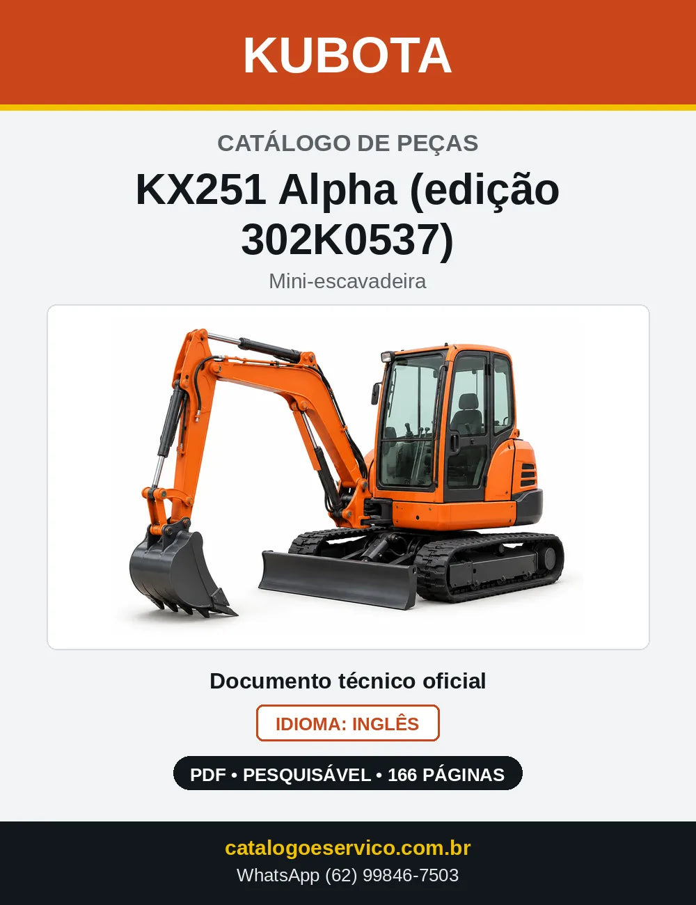 Capa do Catálogo de Peças Kubota KX251 Alpha (edição 302K0537) em PDF