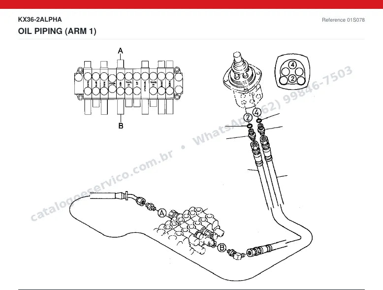 Catálogo de peças Kubota KX36-2 Alpha: vista explodida — tubulações hidráulicas e tanque de óleo