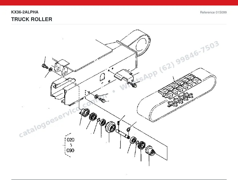 Catálogo de peças Kubota KX36-2 Alpha: vista explodida — material rodante, esteiras e translação