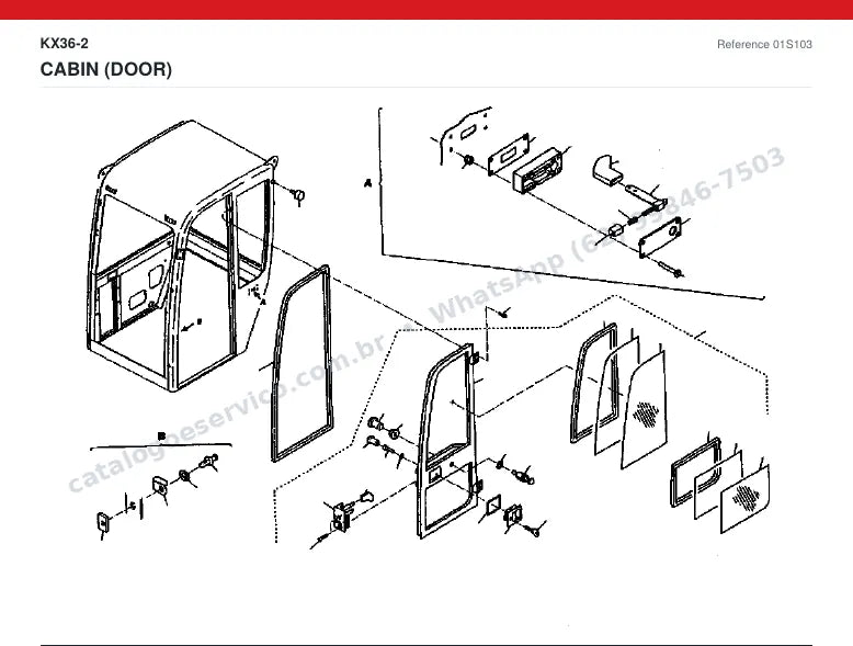 Catálogo de peças Kubota KX36-2: vista explodida — cabine, capota e assento