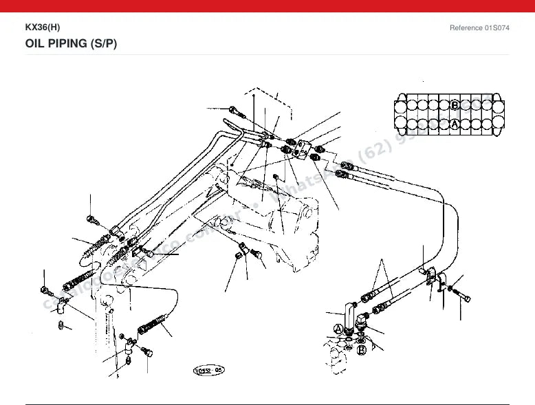 Catálogo de peças Kubota KX36 (H): vista explodida — tubulações hidráulicas e tanque de óleo