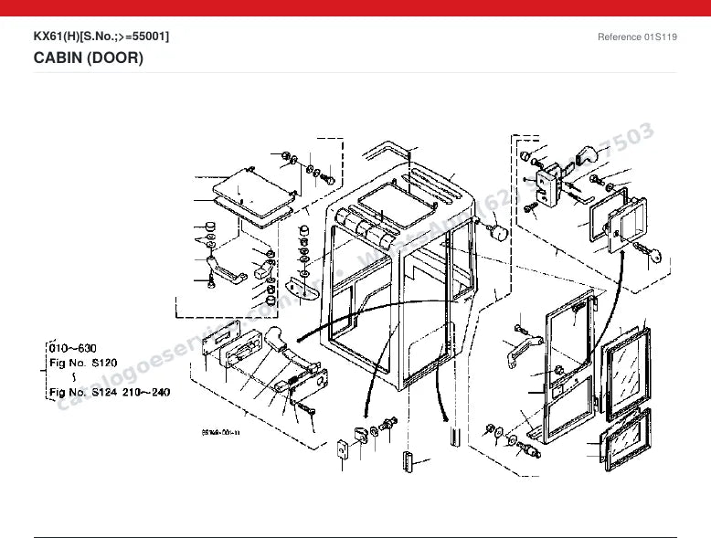 Catálogo de peças Kubota KX61 (H): vista explodida — cabine, capota e assento