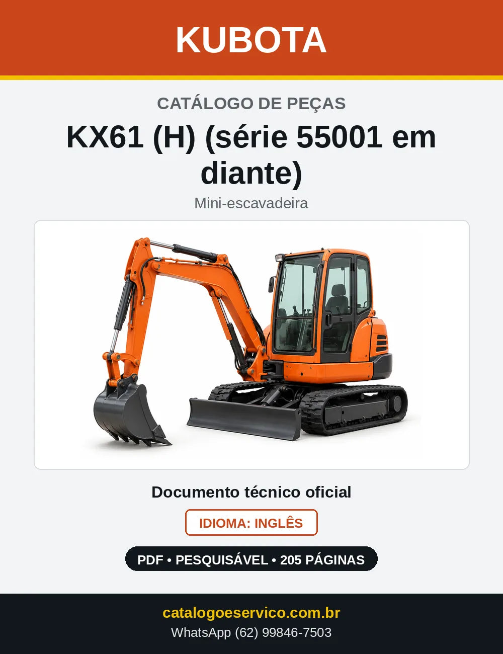 Capa do Catálogo de Peças Kubota KX61 (H) (série 55001 em diante) em PDF
