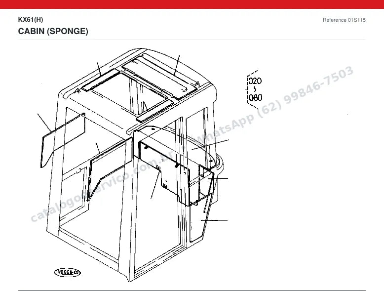 Catálogo de peças Kubota KX61 (H): vista explodida — cabine, capota e assento