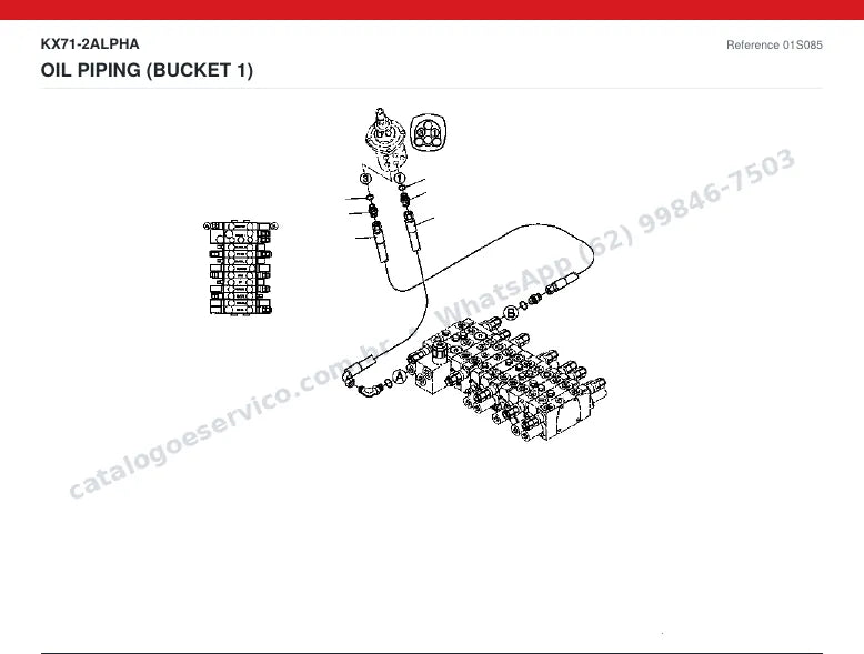 Catálogo de peças Kubota KX71-2 Alpha: vista explodida — tubulações hidráulicas e tanque de óleo