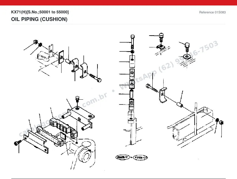 Catálogo de peças Kubota KX71 (H): vista explodida — tubulações hidráulicas e tanque de óleo