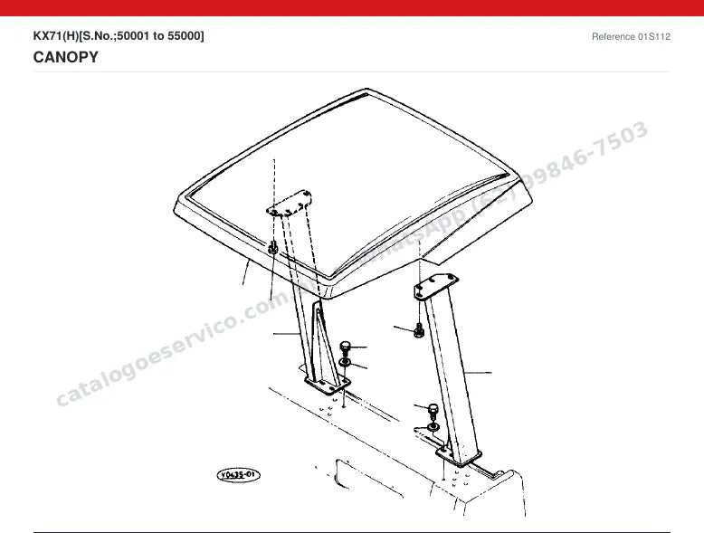 Catálogo de peças Kubota KX71 (H): vista explodida — cabine, capota e assento