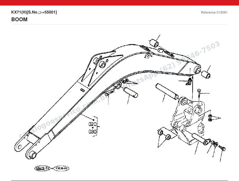 Catálogo de peças Kubota KX71 (H): vista explodida — lança, braço, caçamba e lâmina