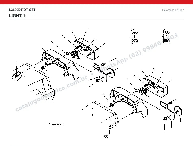 Catálogo de peças Kubota L3600DT / DT-GST: vista explodida — sistema elétrico, painel e iluminação