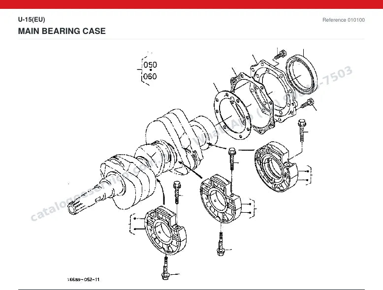 Catálogo de peças Kubota U-15 (EU): vista explodida — motor: bloco, cabeçote, pistões e virabrequim