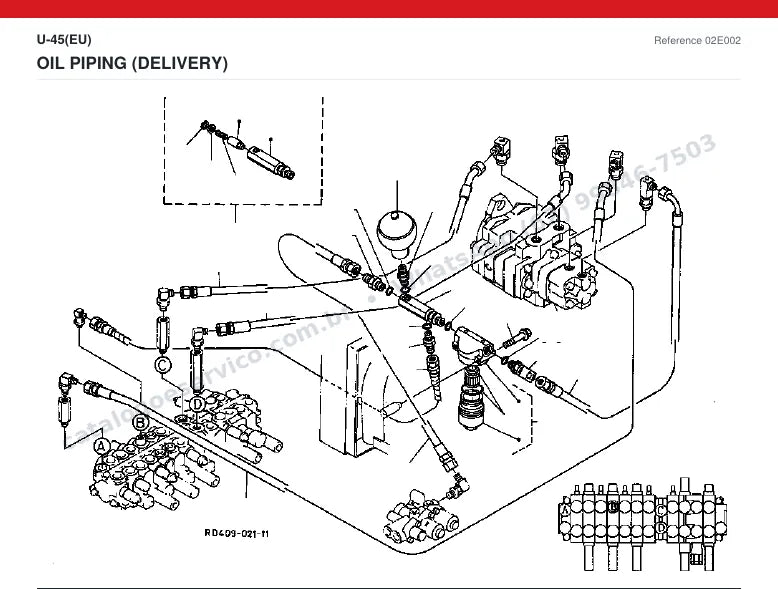 Catálogo de peças Kubota U-45 (EU): vista explodida — tubulações hidráulicas e tanque de óleo