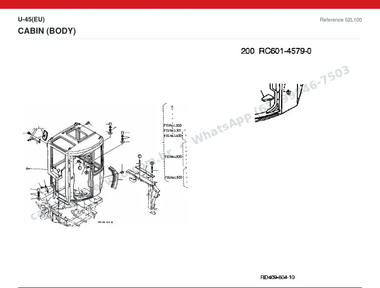 Catálogo de peças Kubota U-45 (EU): vista explodida — cabine, capota e assento