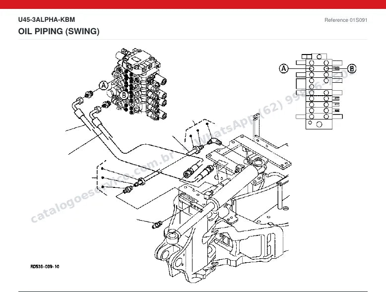 Catálogo de peças Kubota U45-3 Alpha: vista explodida — tubulações hidráulicas e tanque de óleo