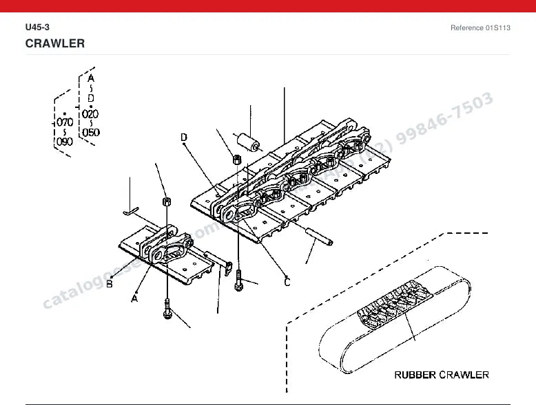Catálogo de peças Kubota U45-3: vista explodida — material rodante, esteiras e translação