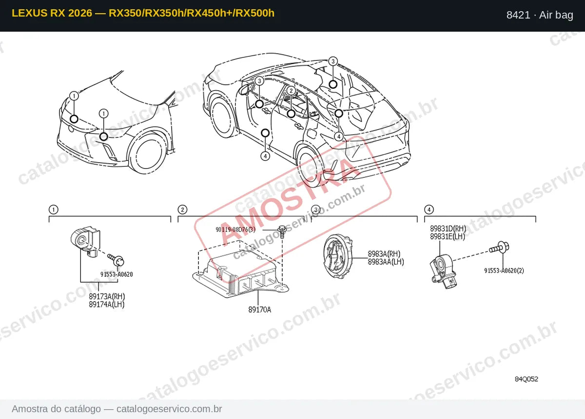 Vista explodida Air bag — Lexus RX 2026 — RX350/RX350h/RX450h+/RX500h