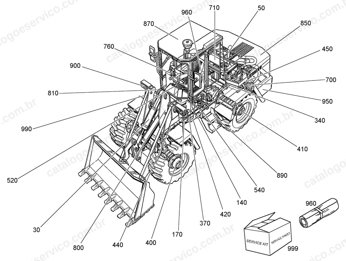 Vista explodida do conjunto da L510-340 com motor Deutz