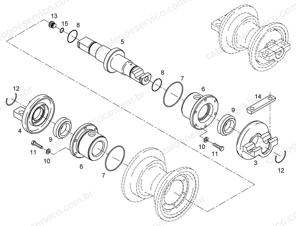 Vista explodida do rolete de flange simples D6 da LU755C-766