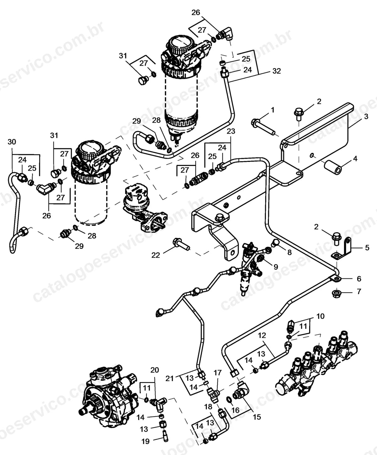 Vista explodida das linhas de combustível do motor do RL54-1415