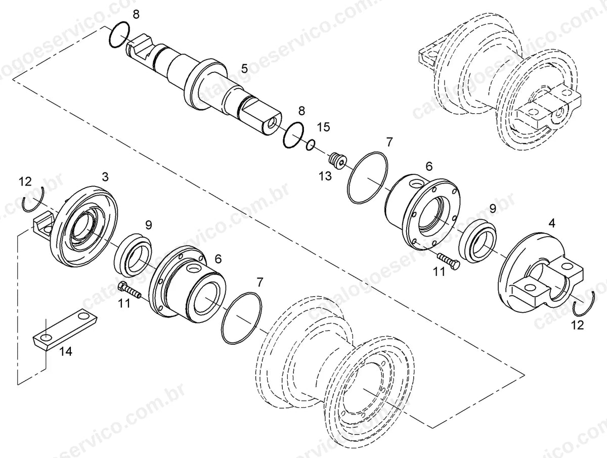 Vista explodida do rolete de flange simples D4D da SR712-953
