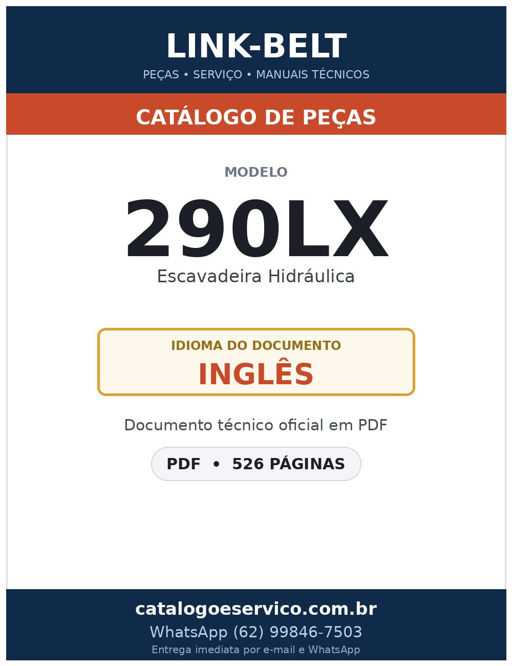 Catálogo de Peças Link-Belt 290LX Escavadeira Hidráulica