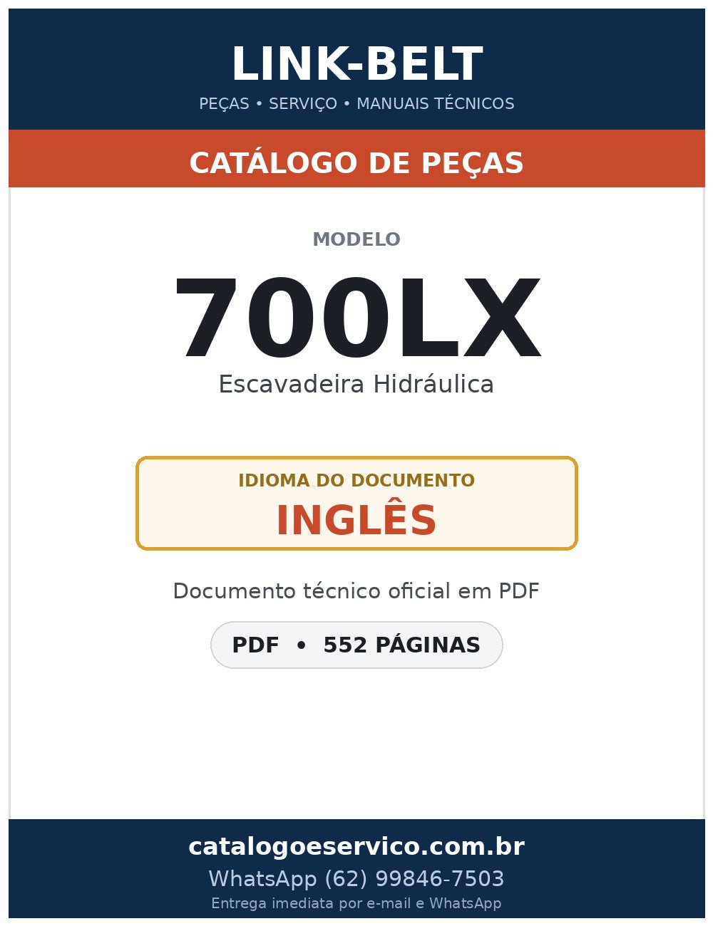 Catálogo de Peças Link-Belt 700LX Escavadeira Hidráulica