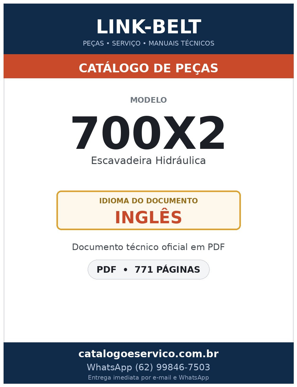 Catálogo de Peças Link-Belt 700X2 Escavadeira Hidráulica