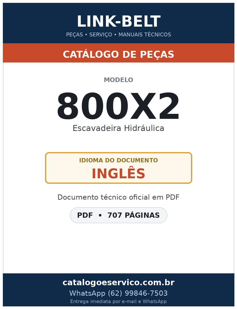 Catálogo de Peças Link-Belt 800X2 Escavadeira Hidráulica