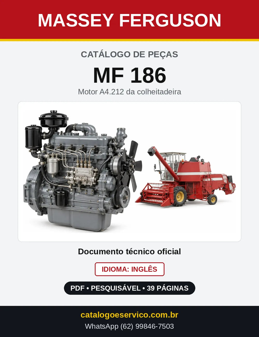Capa do Catálogo de Peças Massey Ferguson MF 186 — Motor A4.212 da colheitadeira