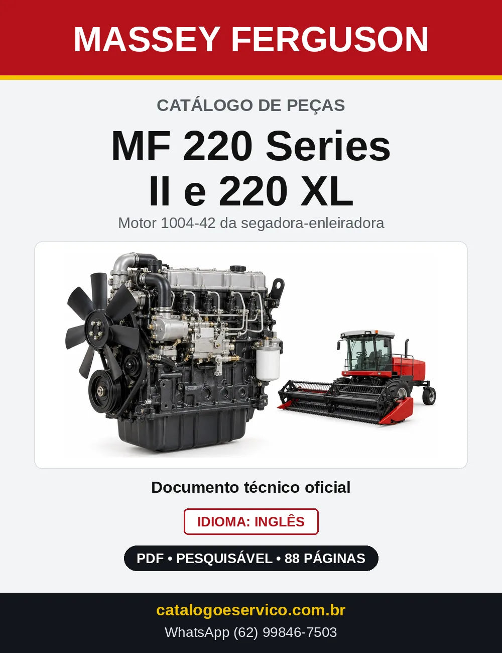 Capa do Catálogo de Peças Massey Ferguson MF 220 Series II e 220 XL — Motor 1004-42 da segadora-enleiradora