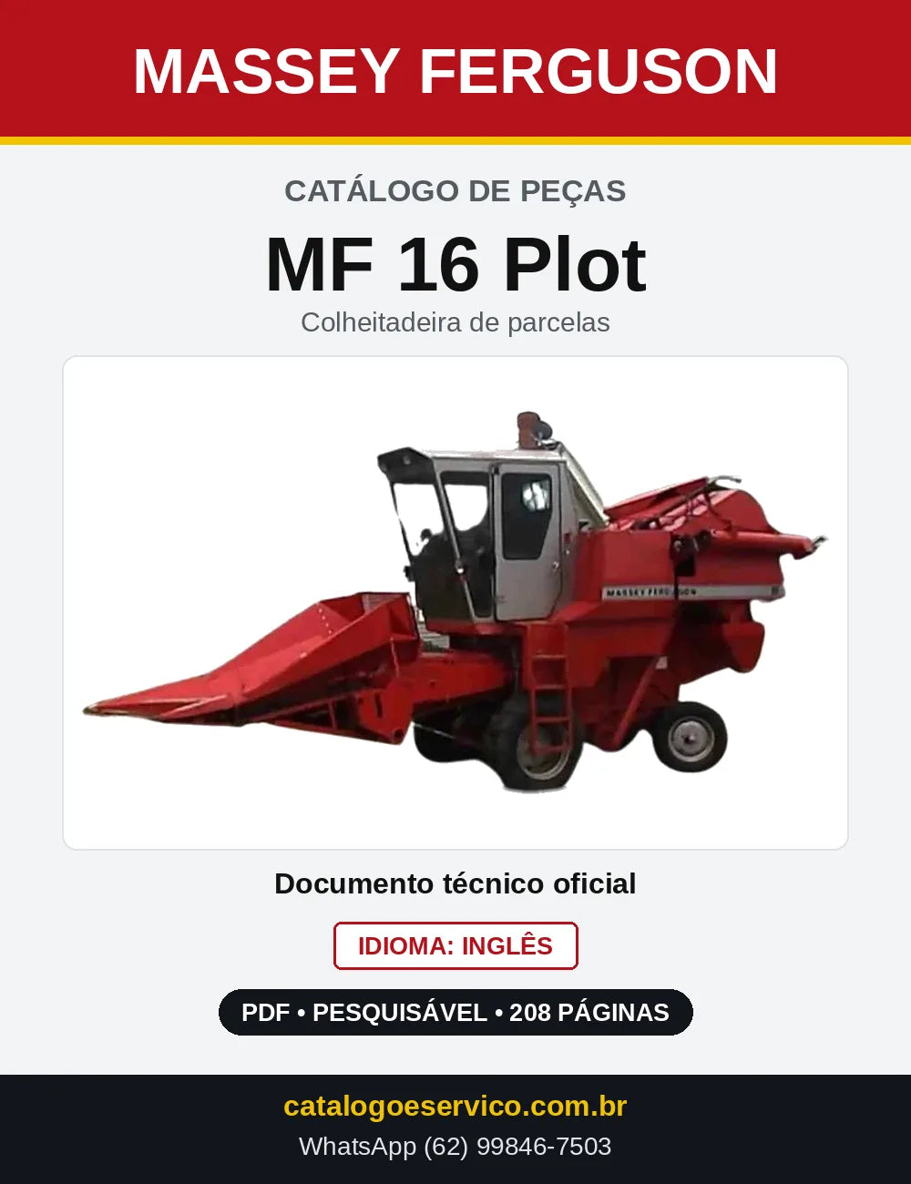 Capa do Catálogo de Peças Massey Ferguson MF 16 Plot — Colheitadeira de parcelas