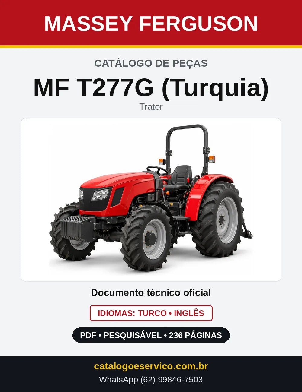 Capa do Catálogo de Peças Massey Ferguson MF T277G (Turquia) — Trator