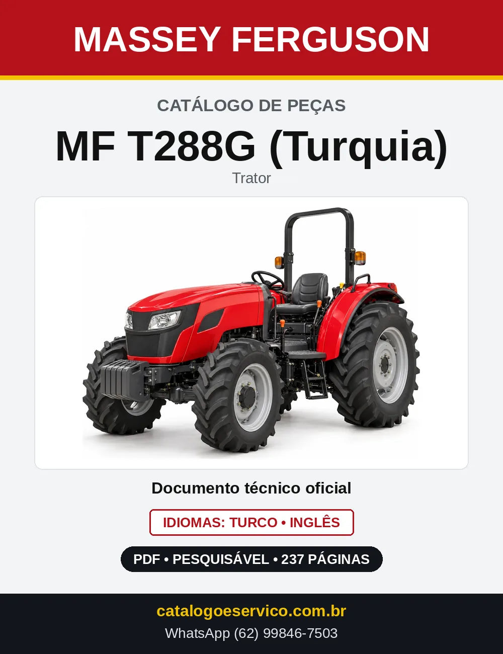 Capa do Catálogo de Peças Massey Ferguson MF T288G (Turquia) — Trator