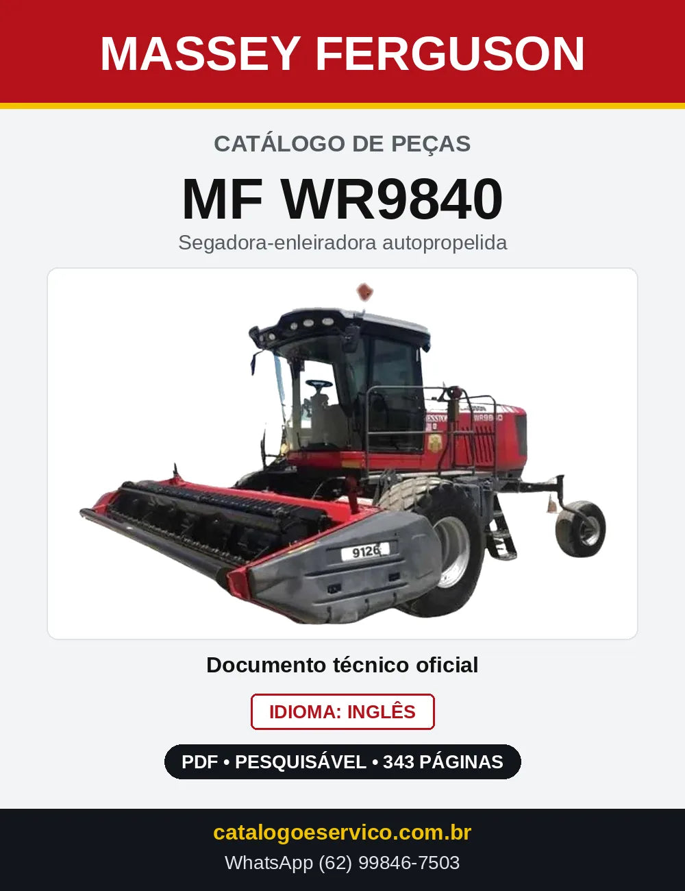 Capa do Catálogo de Peças Massey Ferguson MF WR9840 — Segadora-enleiradora autopropelida