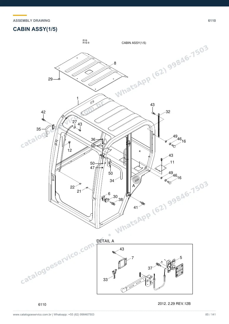 Catálogo de peças Hyundai R16-9: desenho de montagem — cabine, assento e comandos