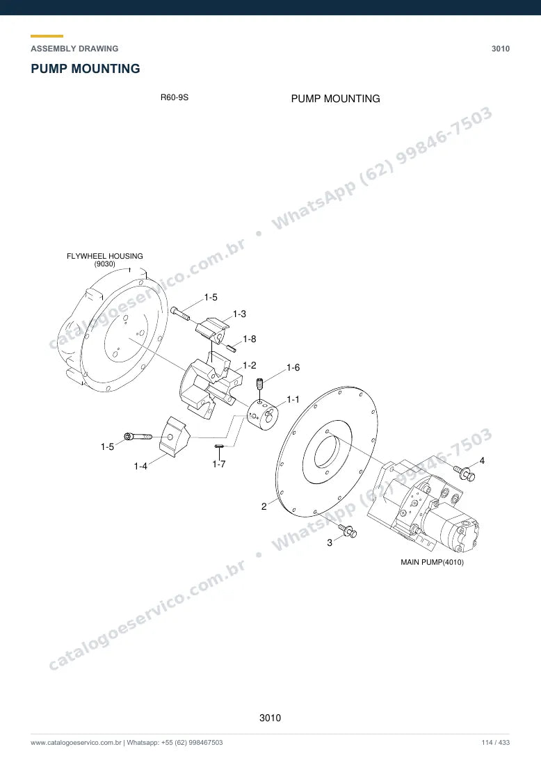 Catálogo de peças Hyundai R60-9S: desenho de montagem — bomba hidráulica e válvula de controle (MCV)