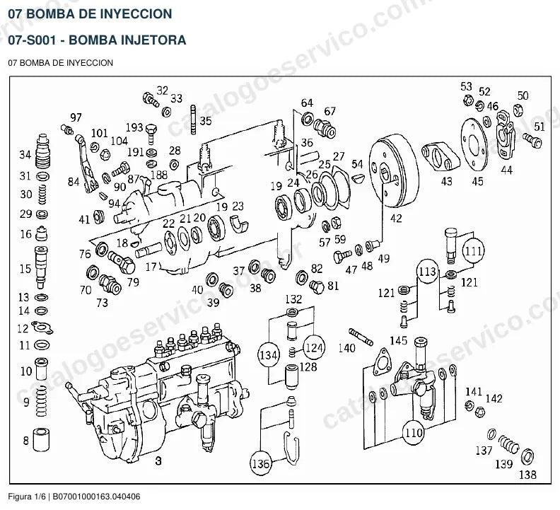 Vista explodida do catálogo de peças do motor Mercedes-Benz OM 346 — figura 1