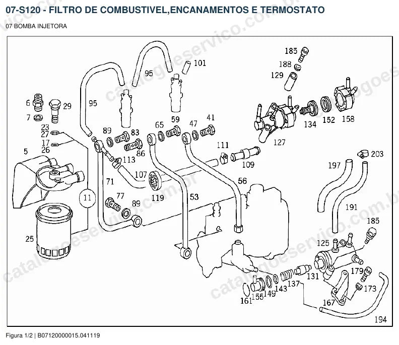 Vista explodida do catálogo de peças do motor Mercedes-Benz OM 602 — figura 1