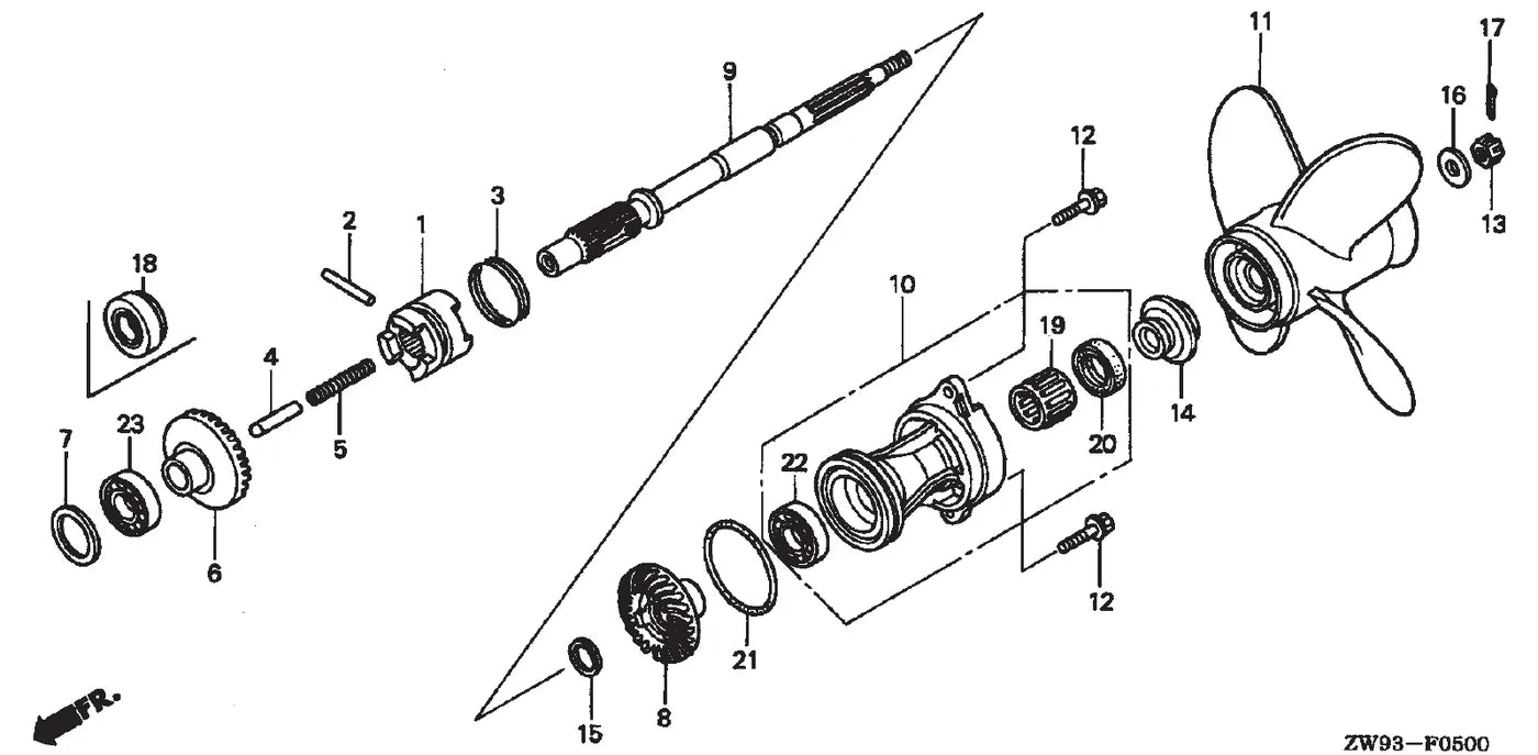 HONDA MARINE BF9.9D1 / BFP9.9D1 / BF10D1 — hélice e eixo da hélice — Catálogo de Peças