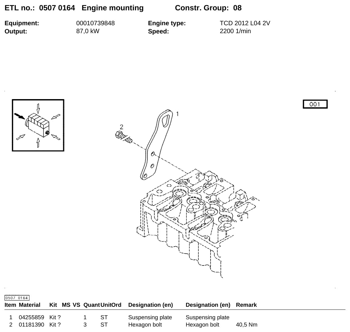 Detalhe de conjunto do Catálogo de Peças Deutz TCD 2012 L04 2V com as referências de fábrica