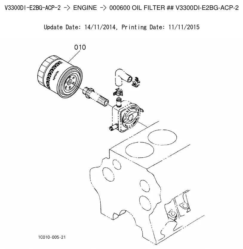 Página ilustrada do Catálogo de Peças Kubota V3300DI-E2BG com as posições numeradas