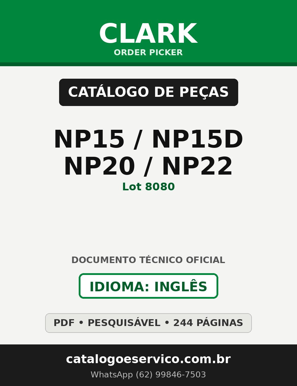 Catálogo de Peças Order Picker Clark NP15 / NP15D / NP20 / NP22 (Lot 8080)