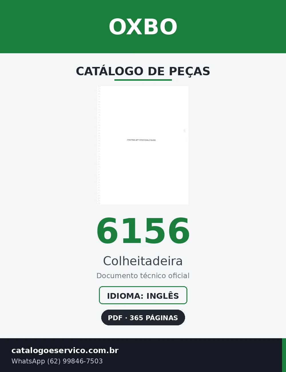 Capa Catálogo de Peças Oxbo 6156 Colheitadeira